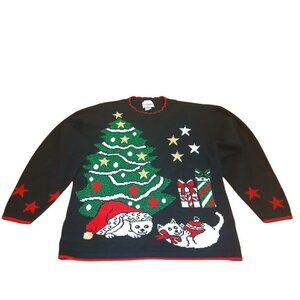 JJ Poole Women's Large Christmas Sweater Black Acrylic Cats Tree Stars USA Made